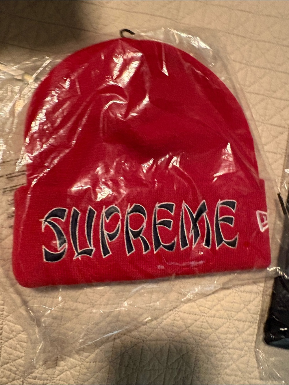 Supreme Red Beanie with Black & White Gothic Logo